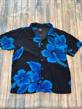 Kids' Black Hawaiian Shirt with Blue Floral Print (Sz: 10)